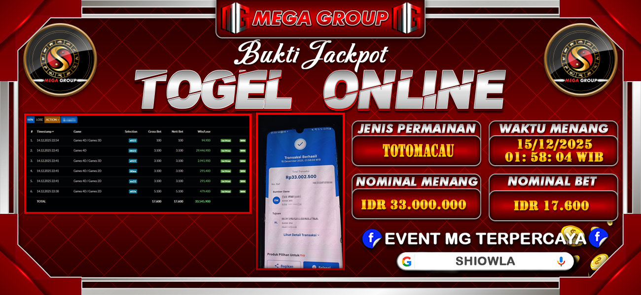 Bukti JP situs Shiowla hari Senin, 15 Desember 2025