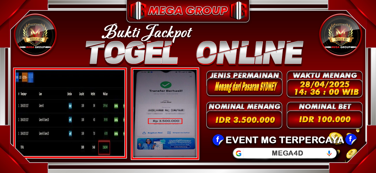 Bukti JP situs Mega4D hari Senin, 28 April 2025