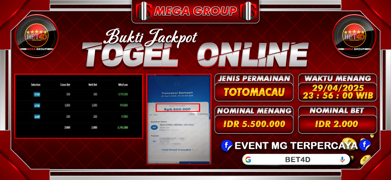 Bukti JP situs Bet4D hari Selasa, 29 April 2025