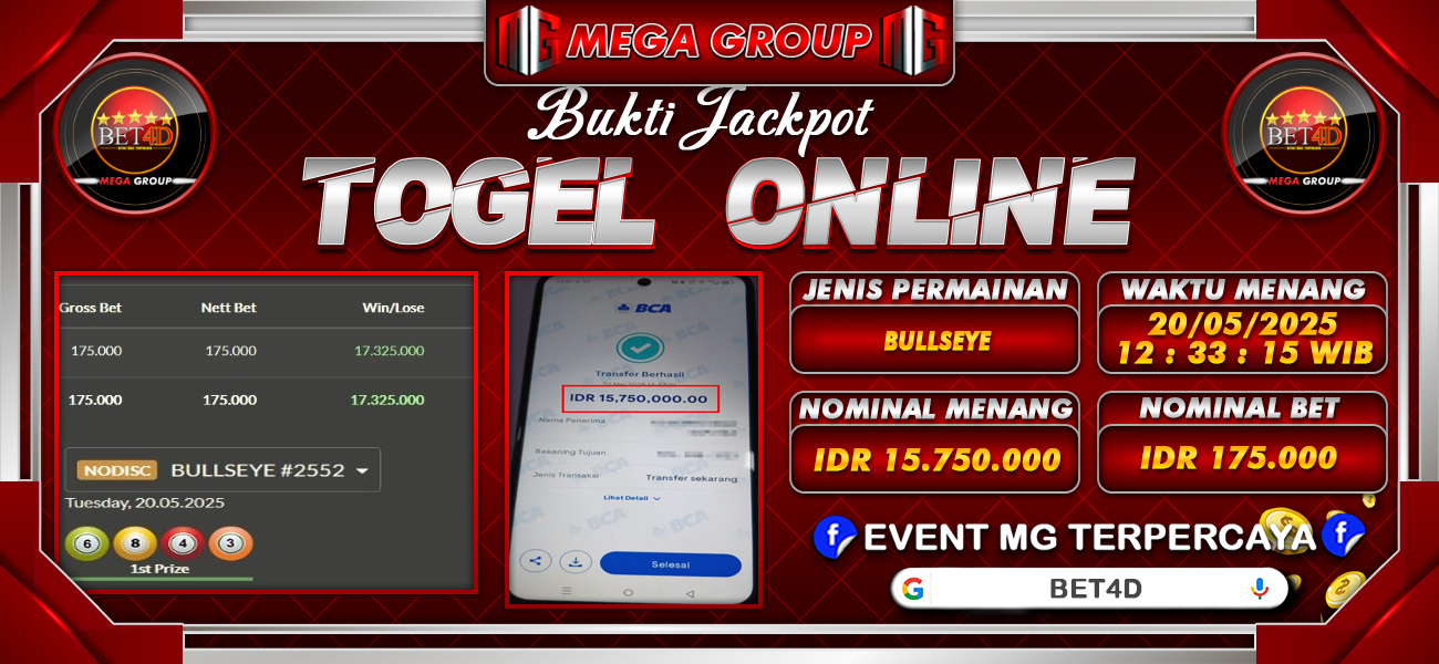 Bukti JP situs Bet4D hari Selasa, 20 Mei 2025