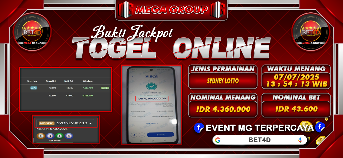 Bukti JP situs Bet4D hari Senin, 07 Juli 2025