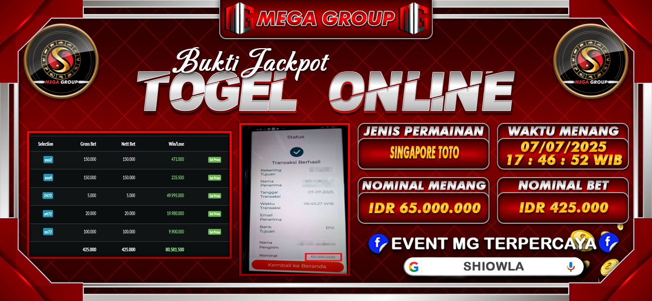 Bukti JP situs Shiowla hari Senin, 07 Juli 2025