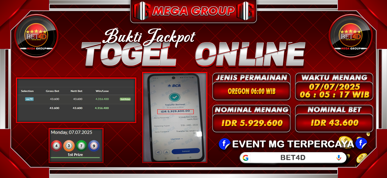 Bukti JP situs Bet4D hari Senin, 07 Juli 2025